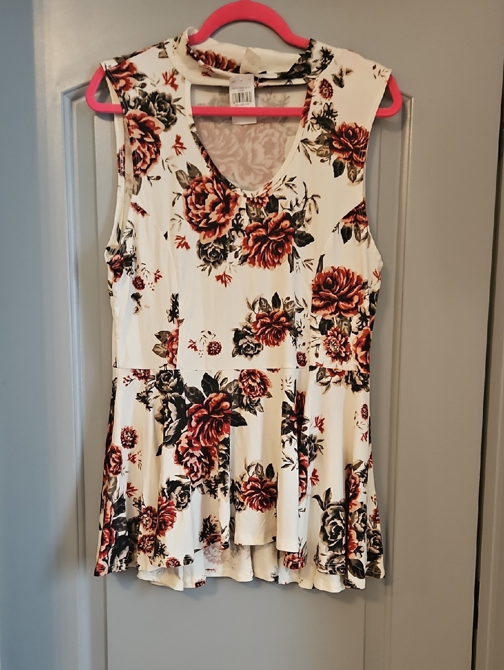 Sleeveless Floral Peplum Top - Cream with Rust Rose Print